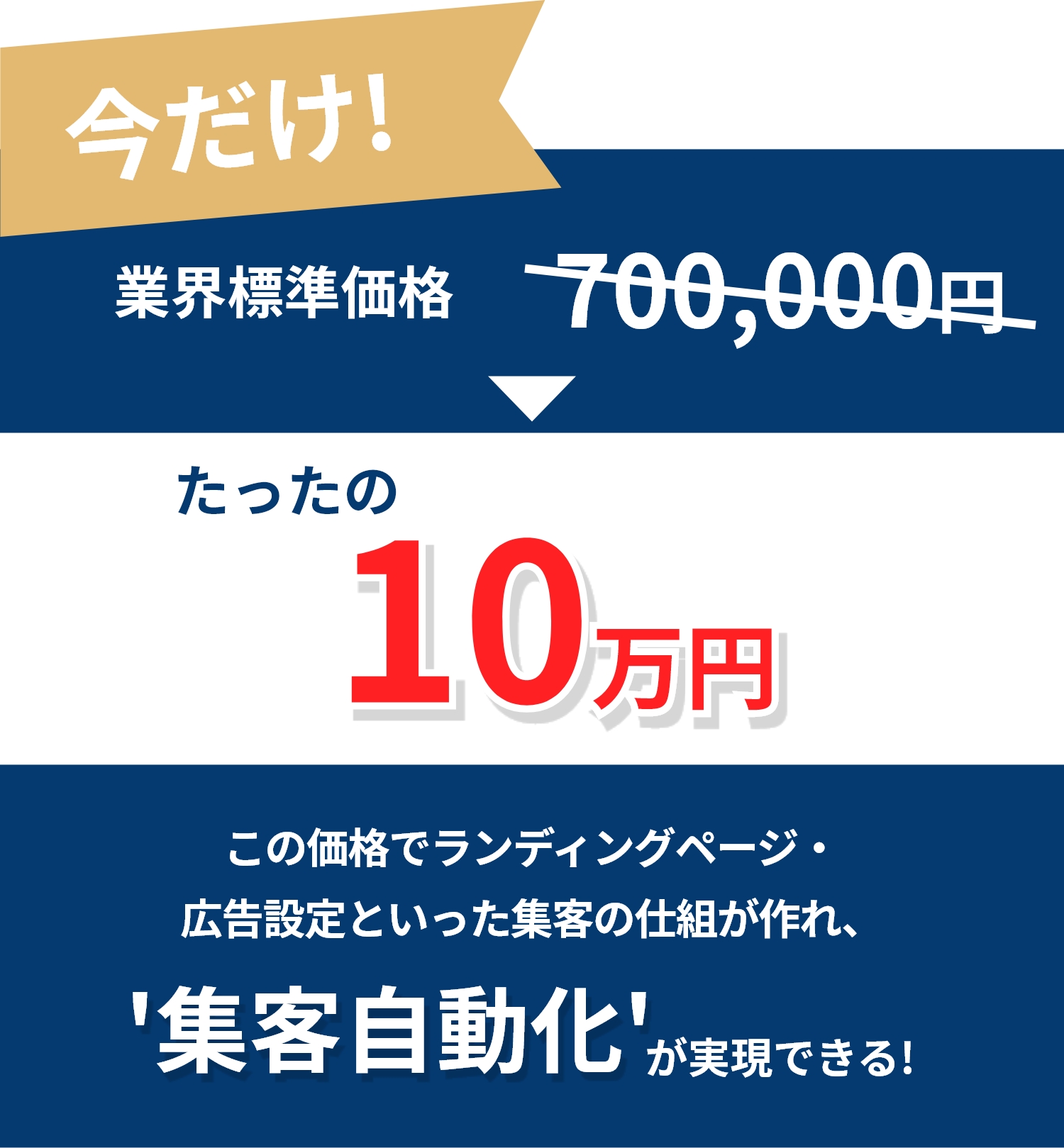 今だけ 業界標準価格700,000円がたったの100,000円 この価格でランディングページ・広告設定といった集客の仕組が作れ、「集客自動化」」が実現できる！