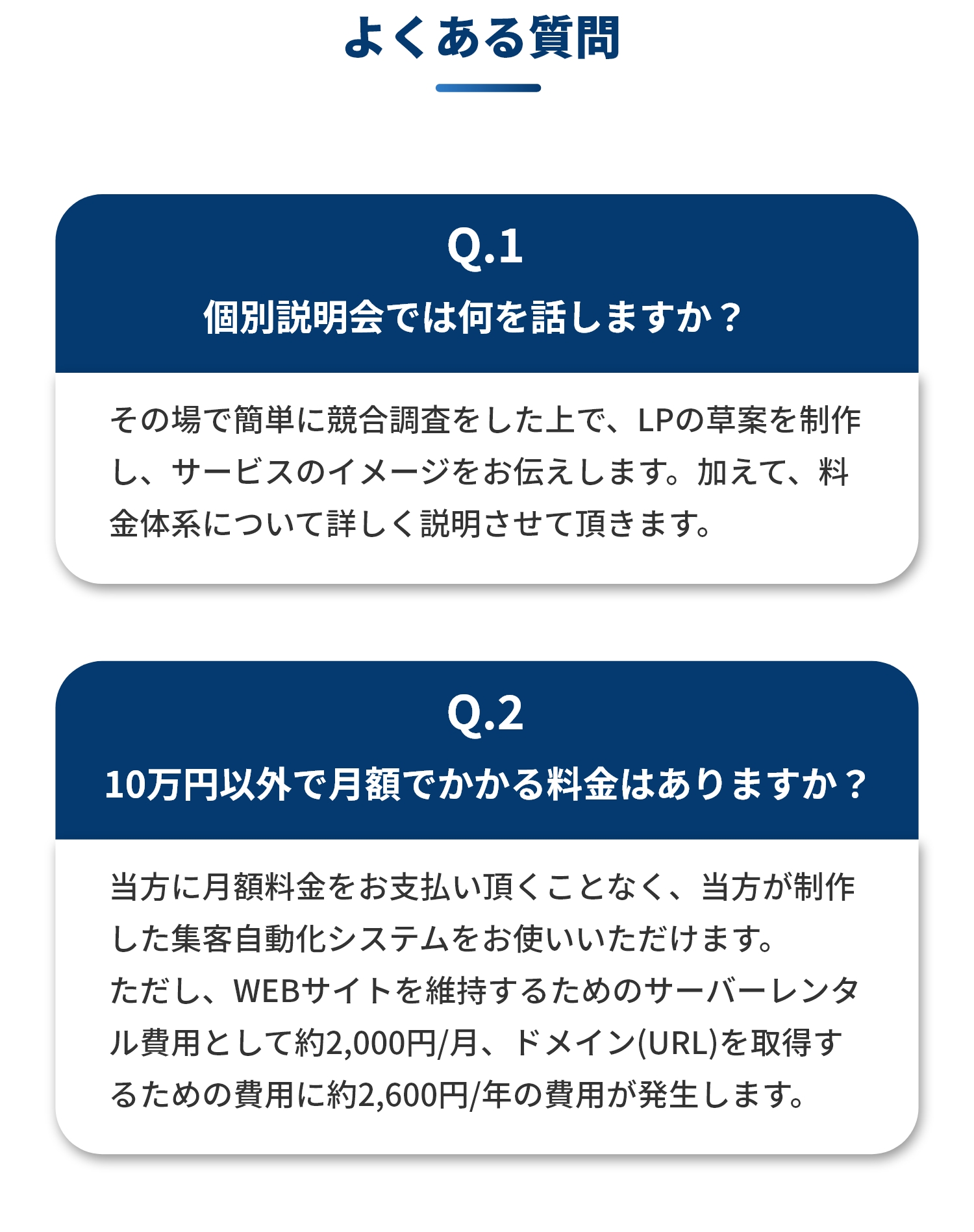 よくある質問 個別説明会では何を話しますか？ ​その場で簡単に競合調査をした上で、LPの草案を制作し、サービスのイメージをお伝えします。加えて、料金体系について詳しく説明させて頂きます。 10万円以外で月額でかかる料金はありますか？ 当方に月額料金をお支払い頂くことなく、当方が制作した集客自動化システムをお使いいただけます。 ただし、WEBサイトを維持するためのサーバーレンタル費用として約2,000円/月、ドメイン(URL)を取得するための費用に約2,600円/年の費用が発生します。