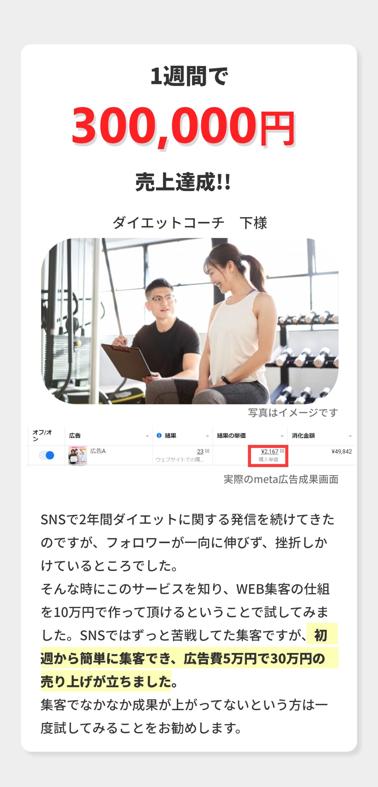 1週間で300,000円売上達成 ダイエットコーチ　下様 SNSで2年間ダイエットに関する発信を続けてきたのですが、フォロワーが一向に伸びず、挫折しかけているところでした。 そんな時にこのサービスを知り、WEB集客の仕組を10万円で作って頂けるということで試してみました。SNSではずっと苦戦してた集客ですが、初週から簡単に集客でき、広告費5万円で30万円の売り上げが立ちました。 集客でなかなか成果が上がってないという方は一度試してみることをお勧めします。