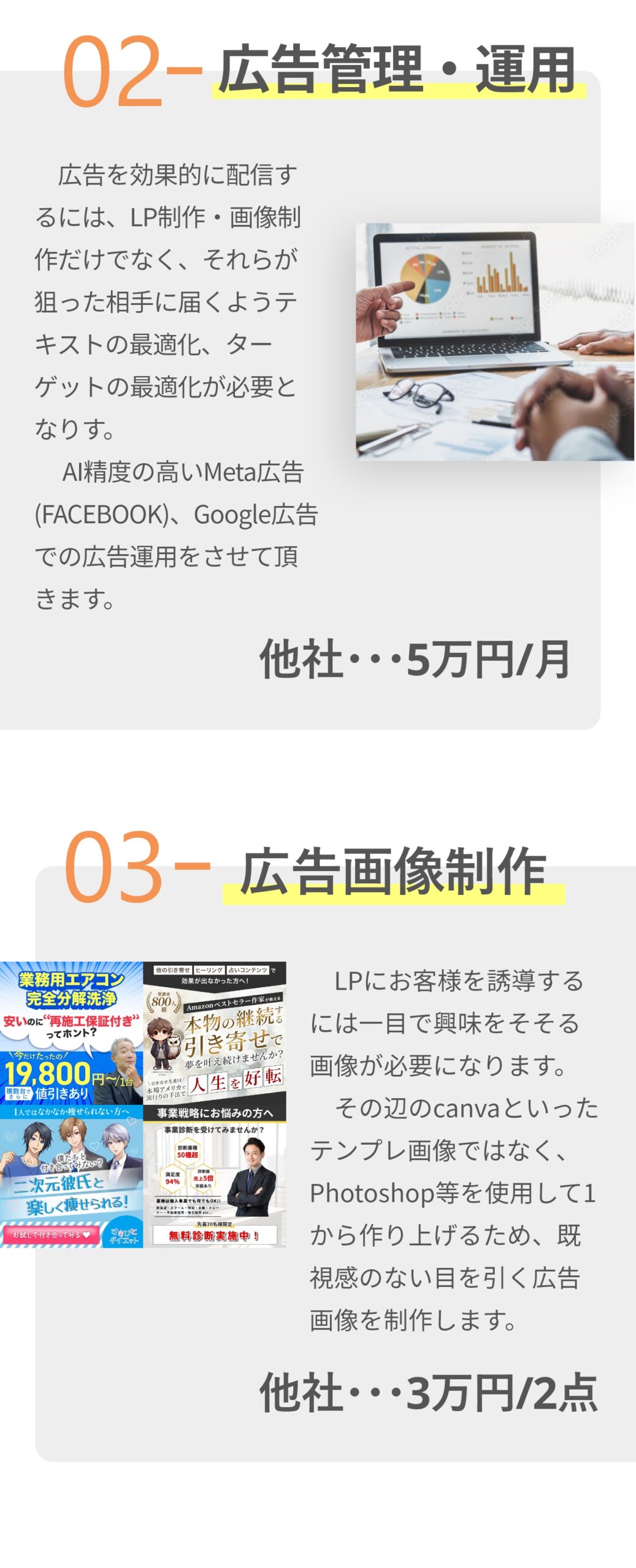 ②広告運用・管理 ​　広告を効果的に配信するには、LP制作・画像制作だけでなく、それらが狙った相手に届くようテキストの最適化、ターゲットの最適化が必要となりす。 　AI精度の高いMeta広告(FACEBOOK)、Google広告での広告運用をさせて頂きます。 他社・・・5万円/月 ③広告画像制作 　LPにお客様を誘導するには一目で興味をそそる画像が必要になります。　 　その辺のcanvaといったテンプレ画像ではなく、Photoshop等を使用して1から作り上げるため、既視感のない目を引く広告画像を制作します。 他社・・・3万円/2点