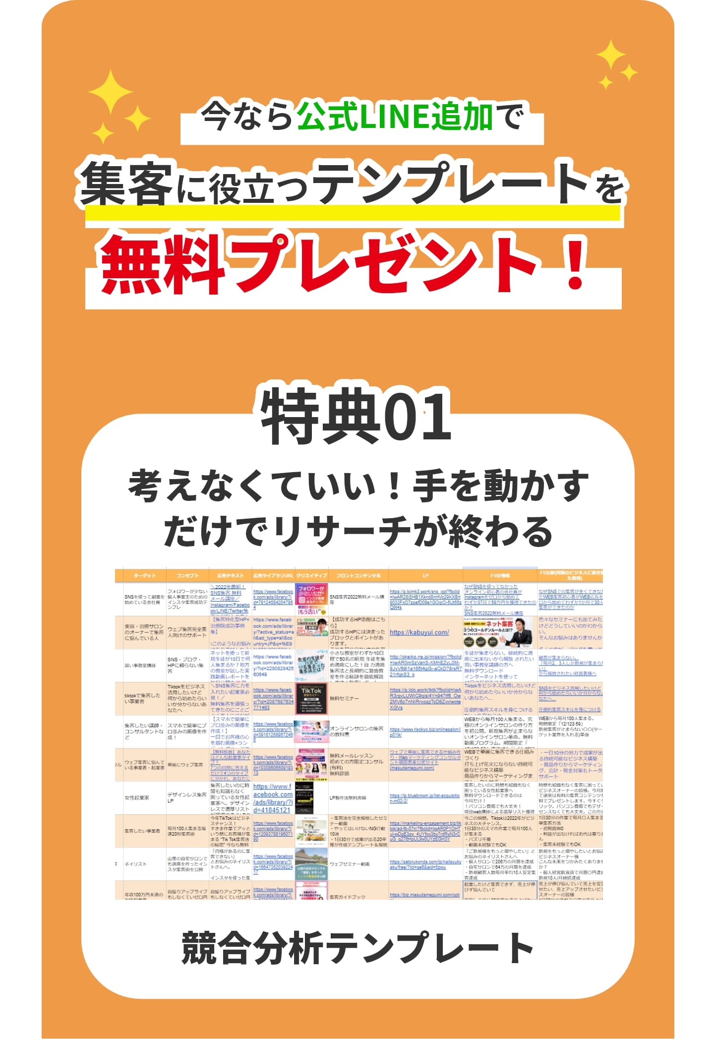 今なら公式line追加で集客に役立つテンプレートを無料プレゼント！ 特典１ 考えなくていい！手を動かすだけでリサーチが終わる！ ”競合分析テンプレート”